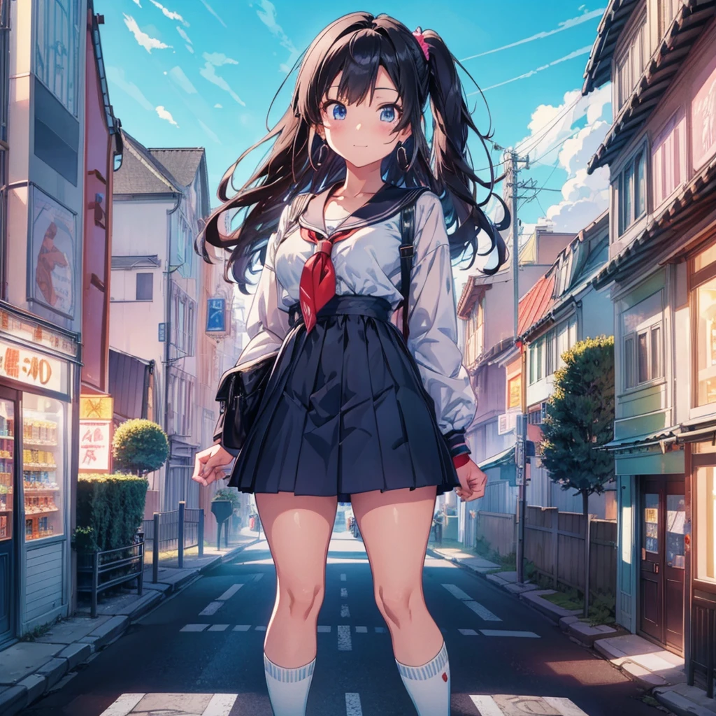 Sky background animation, A beautiful and harmonious scene, Exquisite animations, Rich details, high quality, Vivid 4K, Artistic 4k wallpapers, Amazing anime scenery((Top view)) ((giant girl)) ((giantess)) ((Tall Girl)) ((car)) ((telephone pole)) ((vending machine)) masterpiece Unreal Engine Anime Style Delicate painting 4K 90's giant Multiple Girls crowd Residential Street Japanese house Giant standing on the road school uniform Sailor suit skirt Black Hair smile female giant giant girl Whole body cars Crowd Unreal Engine,cleavage ,a drawing of a , earrings, long hair, 1980s (style) Cute picture Beauty Analog style whole body sneakers