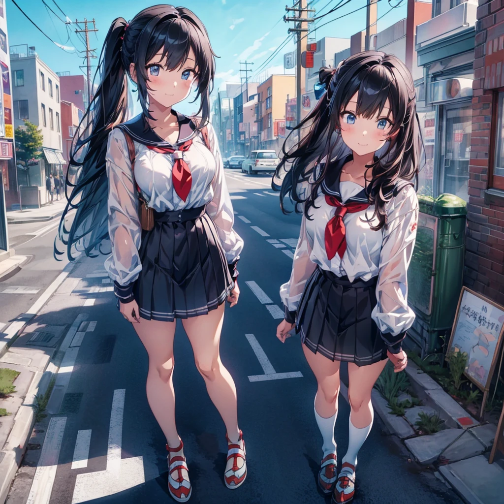 Sky background animation, A beautiful and harmonious scene, Exquisite animations, Rich details, high quality, Vivid 4K, Artistic 4k wallpapers, Amazing anime scenery((Top view)) ((giant girl)) ((giantess)) ((Tall Girl)) ((car)) ((telephone pole)) ((vending machine)) masterpiece Unreal Engine Anime Style Delicate painting 4K 90's giant Multiple Girls crowd Residential Street Japanese house Giant standing on the road school uniform Sailor suit skirt Black Hair smile female giant giant girl Whole body cars Crowd Unreal Engine,cleavage ,a drawing of a , earrings, long hair, 1980s (style) Cute picture Beauty Analog style whole body sneakers