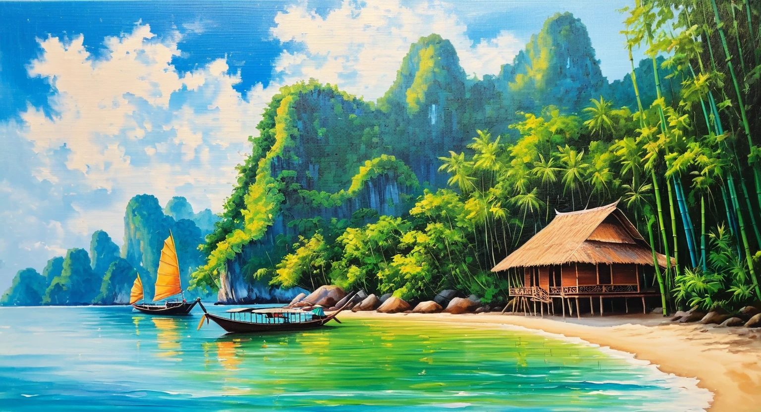 Oil painting of a bamboo hut house in Thailand on an island in the middle of the sea The atmosphere is natural and beautiful. The sea is green.