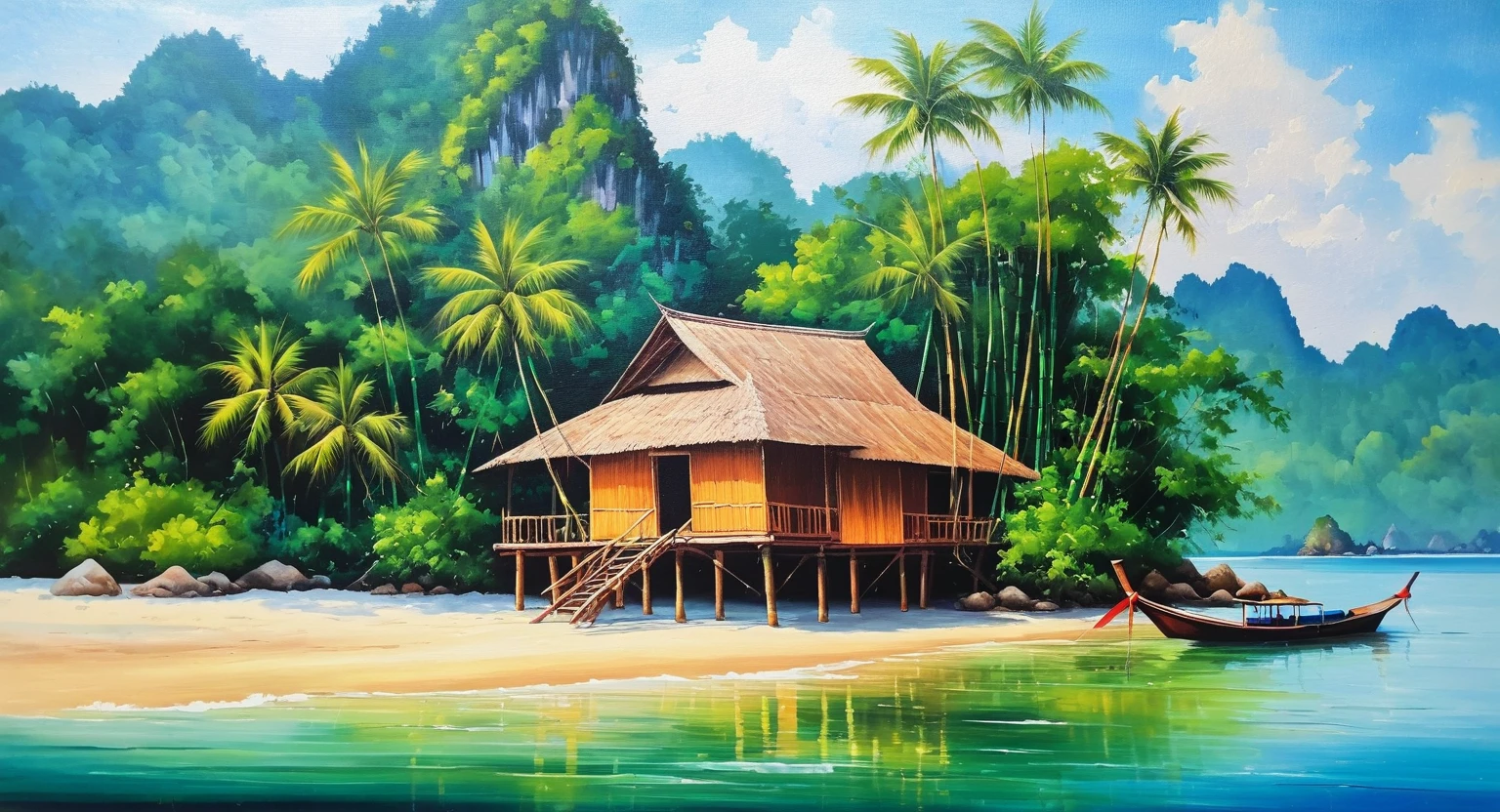 Oil painting of a bamboo hut house in Thailand on an island in the middle of the sea The atmosphere is natural and beautiful. The sea is green.