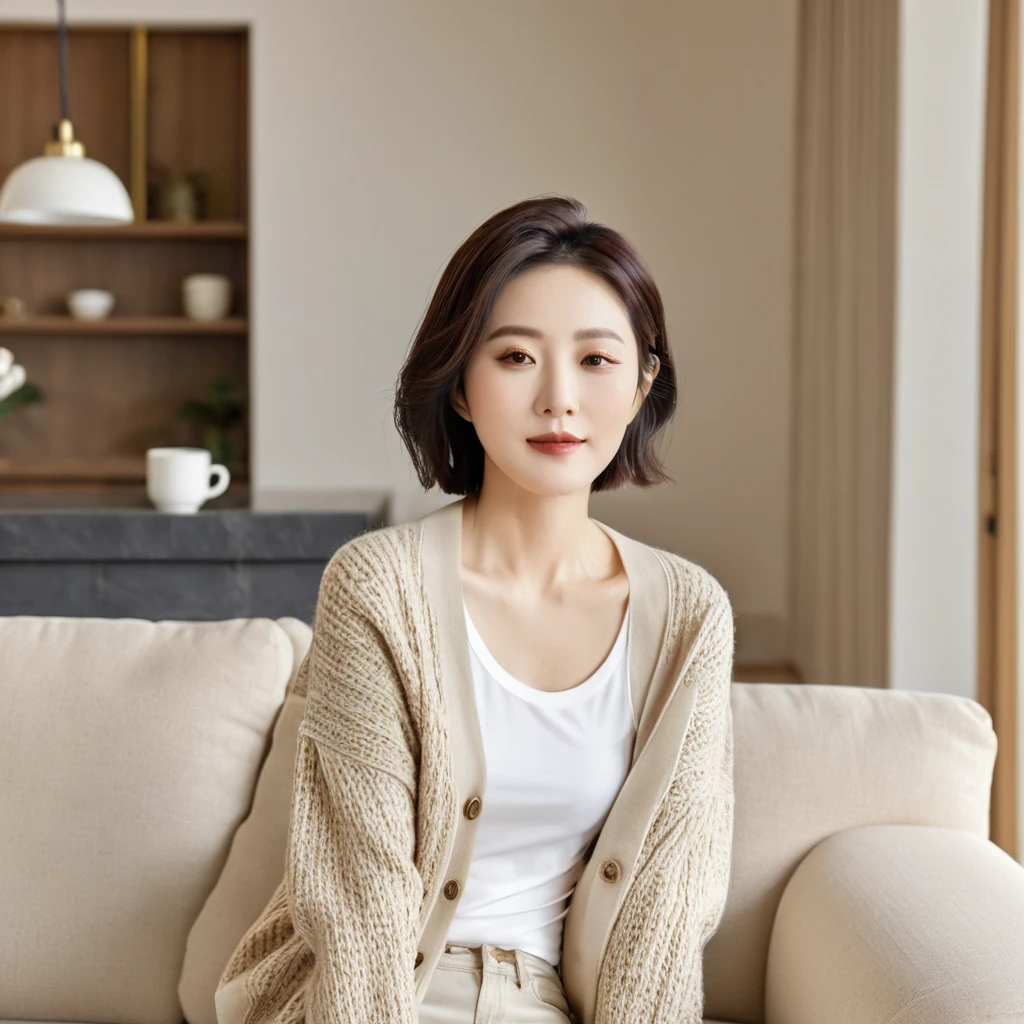 8k best picture quality, Beautiful 36-year-old Korean woman, short medium hair. Chest size 34 inches, Wearing a cardigan and beige jeans. luxury mansion living room, Sitting on the sofa, holding a ceramic coffee cup with both hands, full body shot