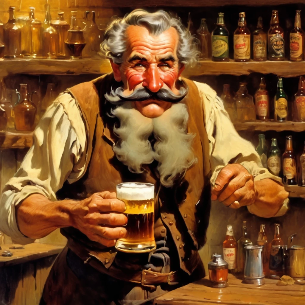 1man,Old West, Bartender, Beer, Whiskey, Liquor Shelf, Huge Mustache, Period Clothing, Old, slight, Skinny, Proboscis, big nose, tiny glasses, Grizzled, elderly, cleaning a mug of beer,