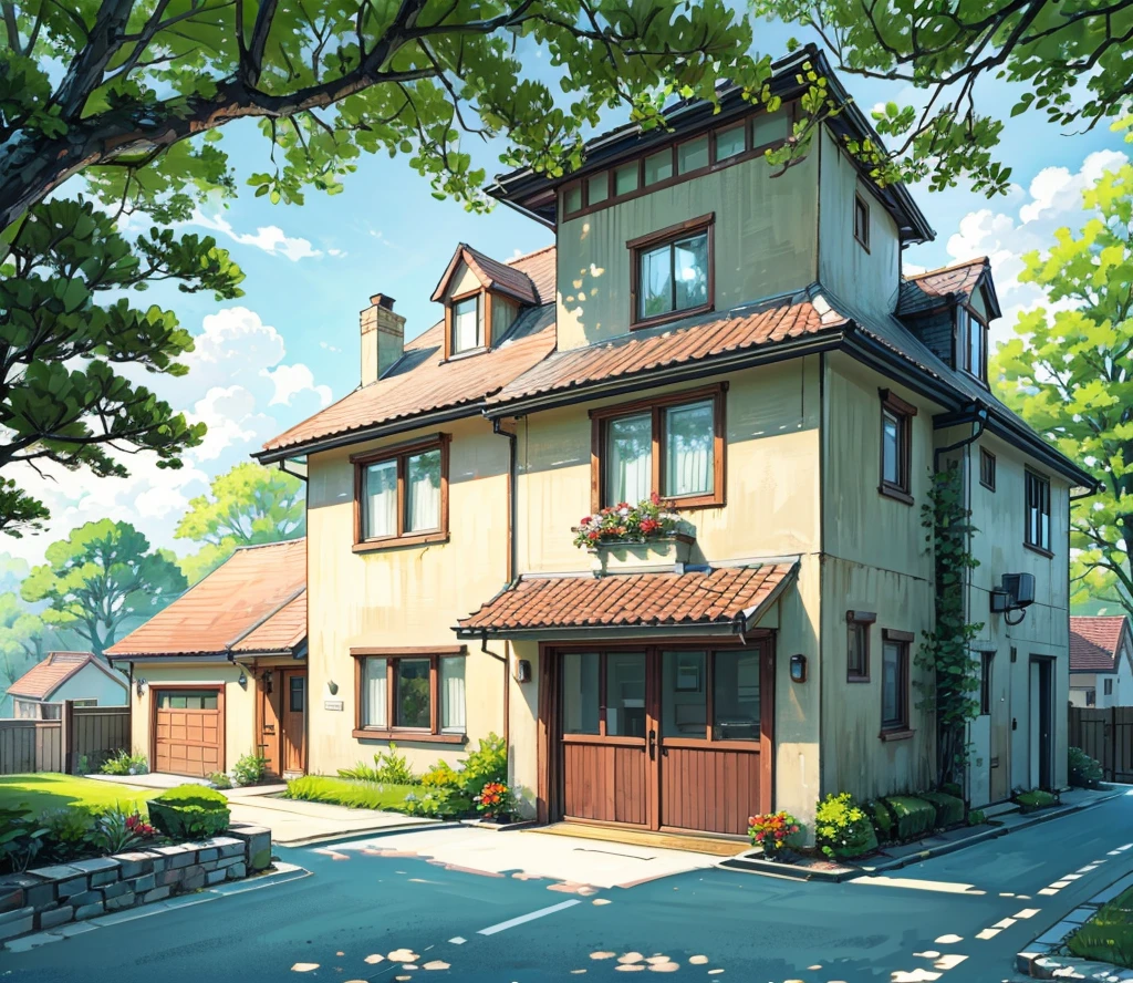 Picture of an English style house in a residential are surrounded by nature, the house has a small parking space. There are stairs in front of the house. The house has only one storey with large windows. Parking space, separate garage. Car in front of the garage 