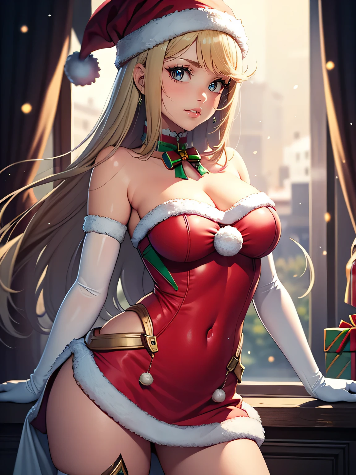 1 girl, standing alone, work of art, best qualityer, high resolution, highy detailed, (illustration), beautiful detailed eyes,mitre \(xenoblade\), yellow  eyes ,Glossy lips, make up, ssmile, long white satin elbow gloves, cowboy shot, (santa), red santa dress, Santa cap, strapless dress, whole body, white elbow gloves