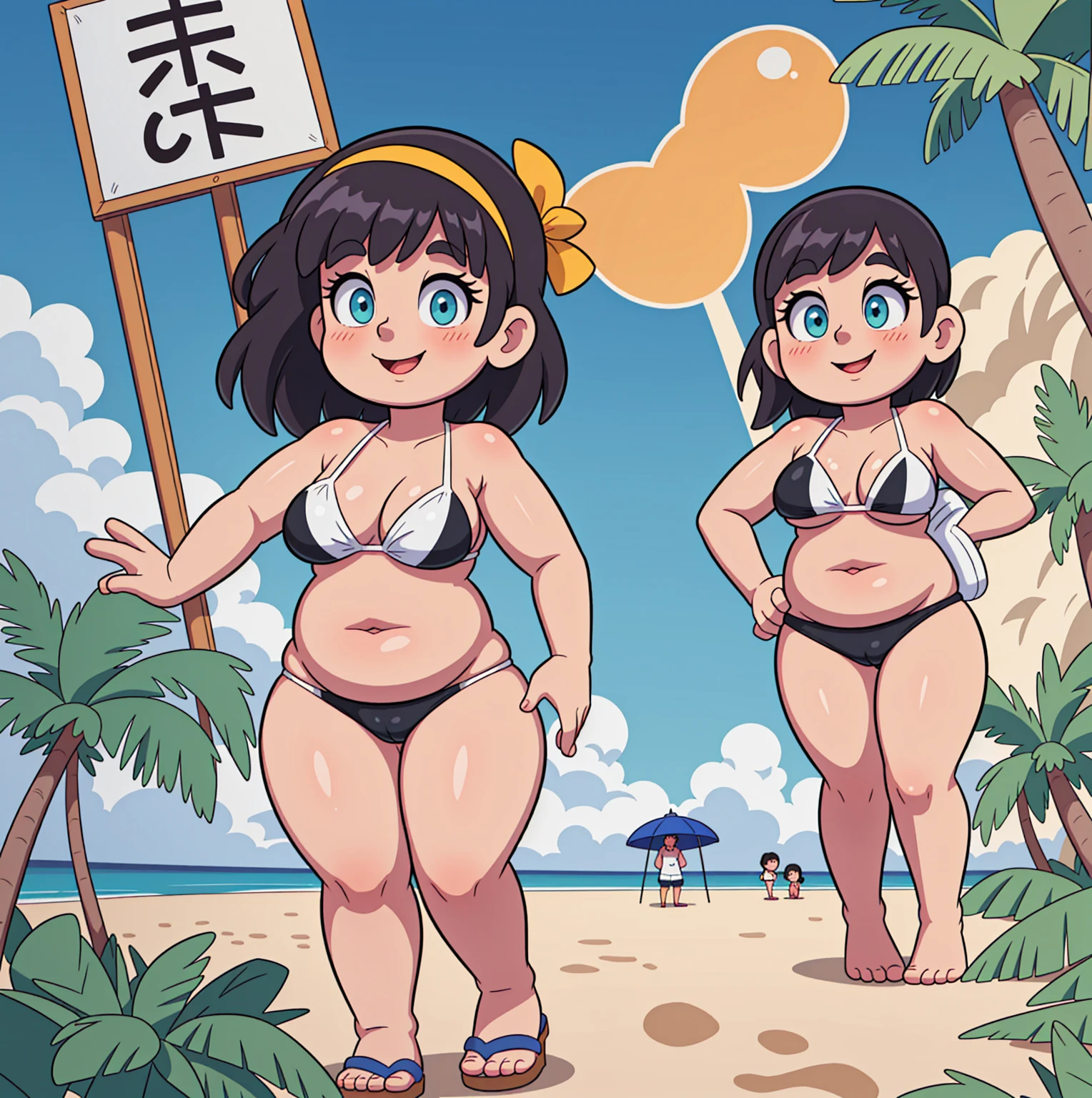 the entrance to a beach resort, two chubby girls on either side of entrance, very fat, large belly, massive thighs, tight clothes, gleeful smiling, standing next to a sign that says 'Opu Nui Beach & Resort', palm trees, beach, big girls, wearing hotel atelier clothes, standing beside the sign, resort in the background, very pretty,