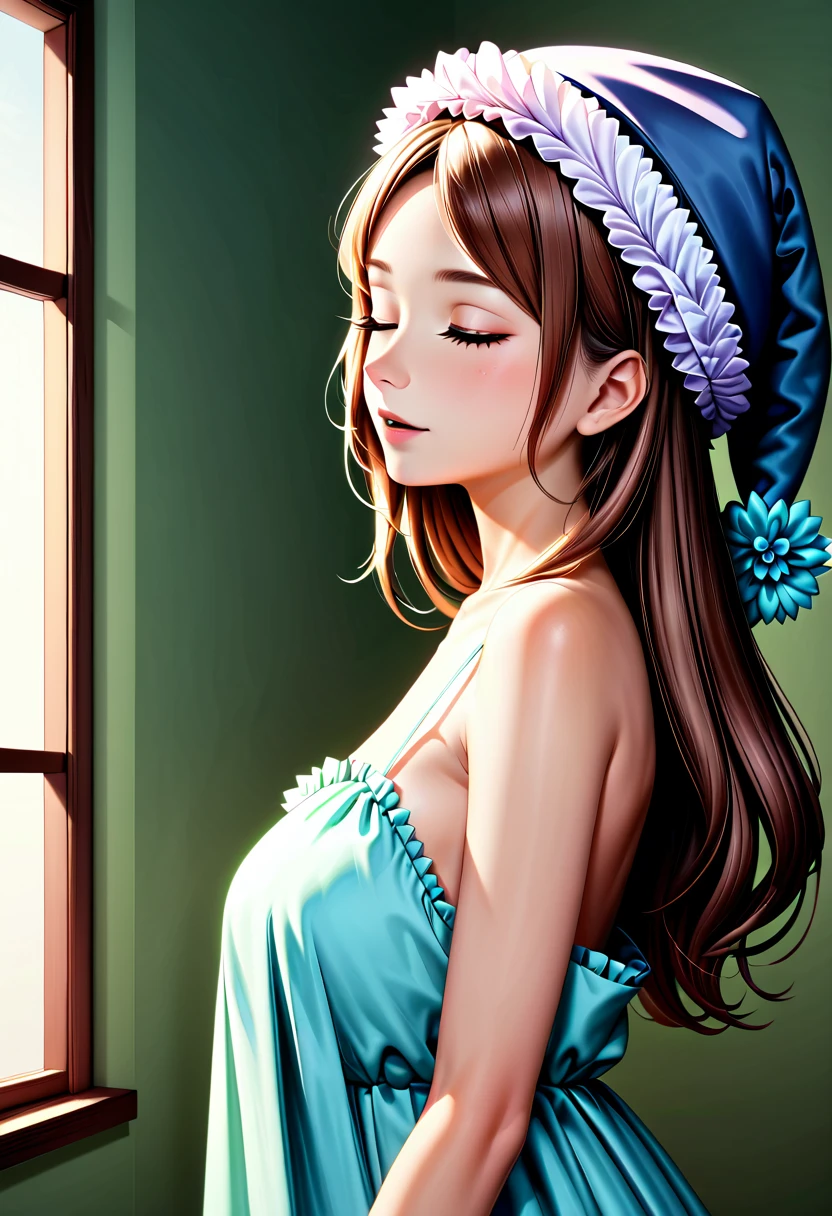 detailed illustration, (front view), (side view),dynamic angle, ultra-detailed, illustration, clean line art, shading, anime, detailed eyes, detailed face, beautiful face, dramatic lighting, detailed illustration, dynamic angle, ultra-detailed, illustration, (single woman: 1.8), masterpiece, masterwork, beautiful, (1 woman:1.8),
Woman, waking up, in a oversized nightgown, long sock hat,