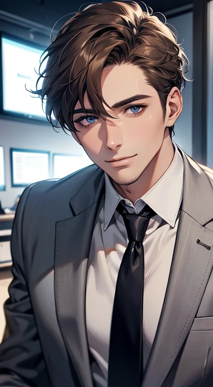 (Highest quality,4K,8K,High resolution,masterpiece:1.2),Super detailed,(Realistic,photoRealistic,photo-Realistic:1.37),1 person,31 years old,Mature Men,Beautiful skin、very handsome,Expressionless,smile,Short gray brown hair,blue eyes,Sharp Eyes,A perfect face without a doubt,Businessman,Office Background,Cinema Lighting,HDR image,tie、