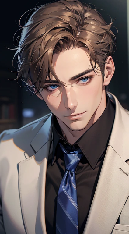 (Highest quality,4K,8K,High resolution,masterpiece:1.2),Super detailed,(Realistic,photoRealistic,photo-Realistic:1.37),1 person,31 years old,Mature Men,Beautiful skin、very handsome,Expressionless,smile,Short gray brown hair,blue eyes,Sharp Eyes,A perfect face without a doubt,Businessman,Office Background,Cinema Lighting,HDR image,tie、