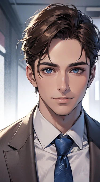 (Highest quality,4K,8K,High resolution,masterpiece:1.2),Super detailed,(Realistic,photoRealistic,photo-Realistic:1.37),1 person,31 years old,Mature Men,Beautiful skin、very handsome,Expressionless,smile,Short gray brown hair,blue eyes,Sharp Eyes,A perfect face without a doubt,Businessman,Office Background,Cinema Lighting,HDR image,tie、