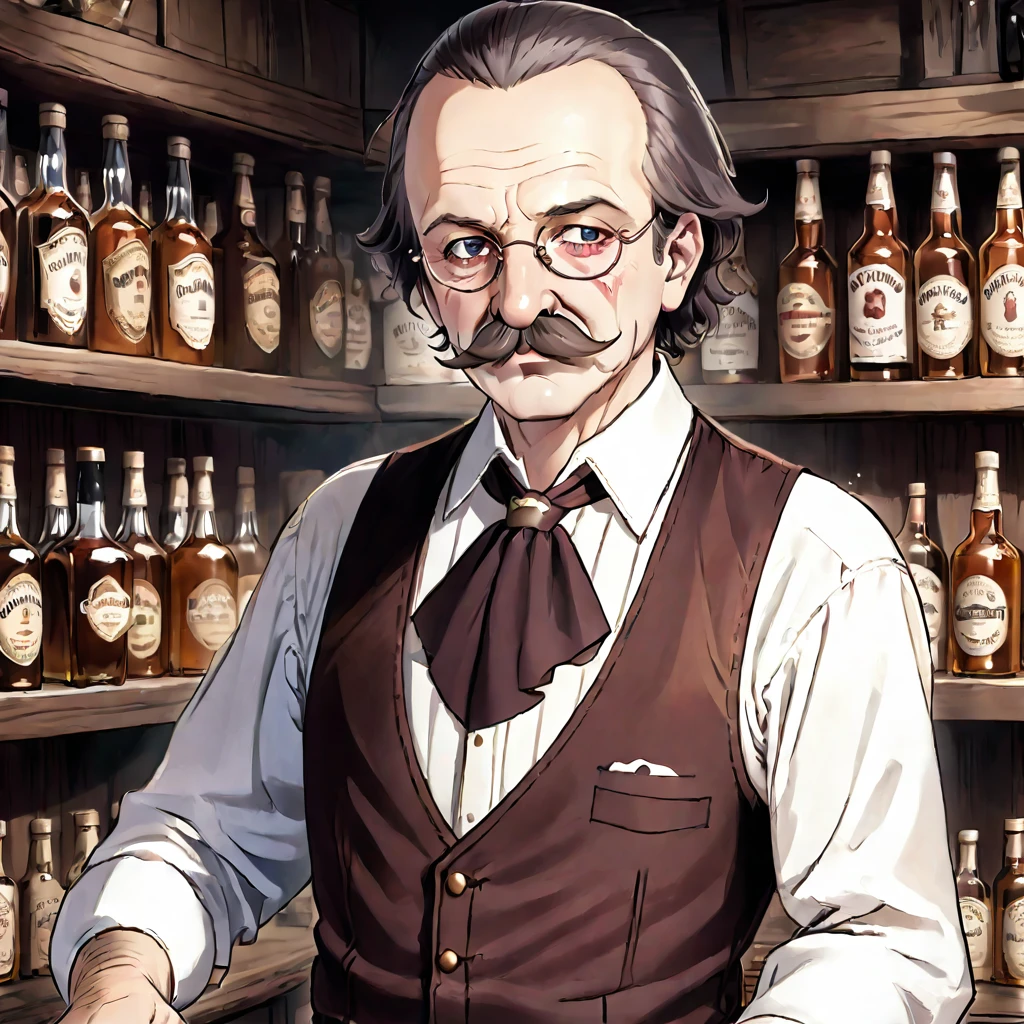 1man,Old West, Bartender, Beer, Whiskey, Liquor Shelf, Huge Mustache, Period Clothing, Old, slight, pot-bellied, Proboscis, big nose, tiny glasses 