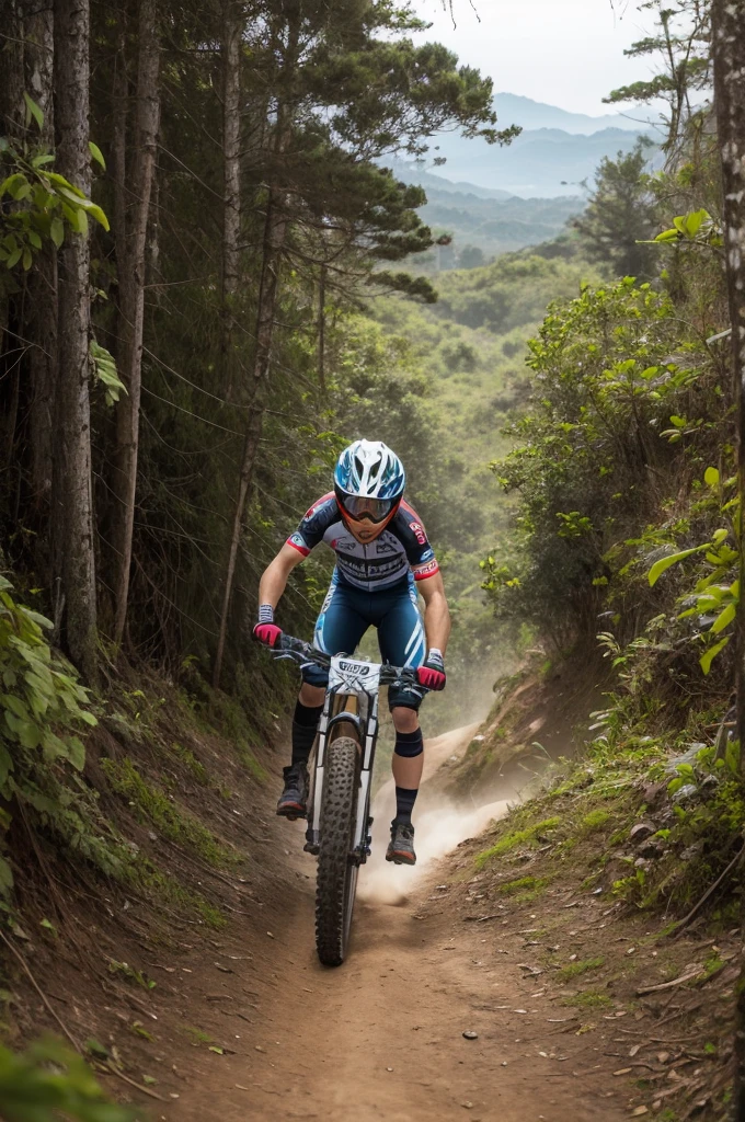 downhill bike, com um nascer do sol em montanha