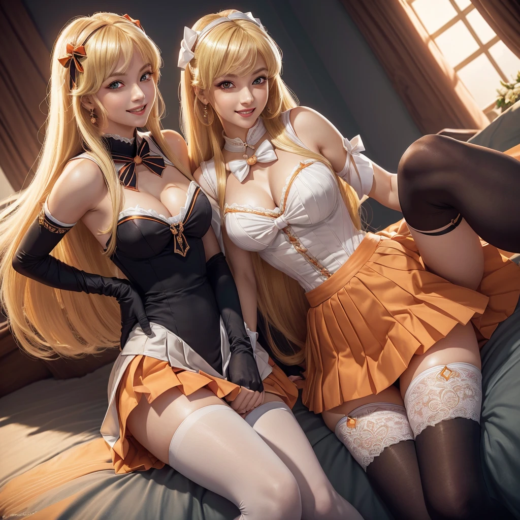 Beautiful 2 girl, full body shot, (blonde hair, straight blonde hair: 1.28), clear skin, (princess peach's face and hair), pale skin, medium breasts, cleavage, (thin hips, thin waist , athletic body: 1.25), (stockings), detailed skin, smile open mouth), black and silver and orange color scheme, highly detailed)), 8k textures, soft light, elegant, highly detailed, sharp focus, soothing tones, hyperdetailed, low contrast, hdr, faded, bed, ((sailor venus outfit, long gloves, jewelry, make-up, glowing red eyes, smile, open mouth, pleated skirt, Bosque, leotard, pleated skirt, bow on chest, knee high stockings))