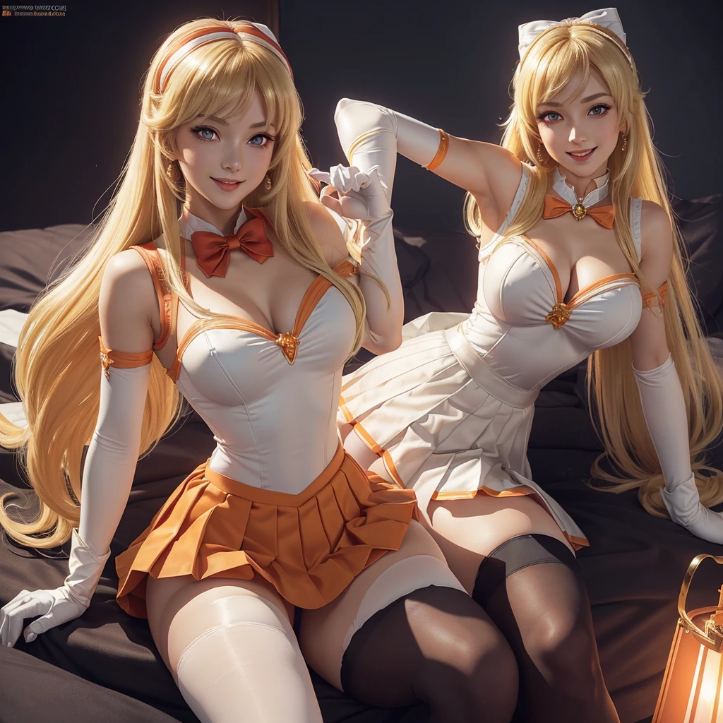 Beautiful 2 girl, full body shot, (blonde hair, straight blonde hair: 1.28), clear skin, (princess peach's face and hair), pale skin, medium breasts, cleavage, (thin hips, thin waist , athletic body: 1.25), (stockings), detailed skin, smile open mouth), black and silver and orange color scheme, highly detailed)), 8k textures, soft light, elegant, highly detailed, sharp focus, soothing tones, hyperdetailed, low contrast, hdr, faded, bed, ((sailor venus outfit, long gloves, jewelry, make-up, glowing red eyes, smile, open mouth, pleated skirt, Bosque, leotard, pleated skirt, bow on chest, knee high stockings))