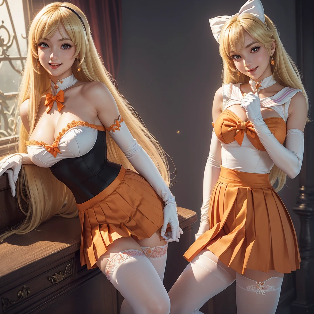 Beautiful 2 girl, full body shot, (blonde hair, straight blonde hair: 1.28), clear skin, (princess peach's face and hair), pale skin, medium breasts, cleavage, (thin hips, thin waist , athletic body: 1.25), (stockings), detailed skin, smile open mouth), black and silver and orange color scheme, highly detailed)), 8k textures, soft light, elegant, highly detailed, sharp focus, soothing tones, hyperdetailed, low contrast, hdr, faded, bed, ((sailor venus outfit, long gloves, jewelry, make-up, glowing red eyes, smile, open mouth, pleated skirt, Bosque, leotard, pleated skirt, bow on chest, knee high stockings))