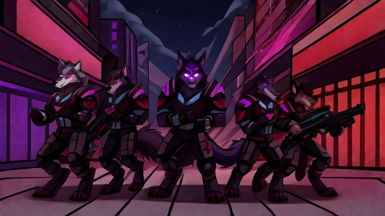 (masterpiece, best quality:1.2), group of Vortex male hellhounds, a couple of male bodyguards, wolves, furry, helluva boss, hypnotized with glowing purple eyes, angry serious face, wearing futuristic armor, using a Pulse Rifle, Energy Rifle, Futuristic assault rifle, commanded by Loona, chasing, hell streets background