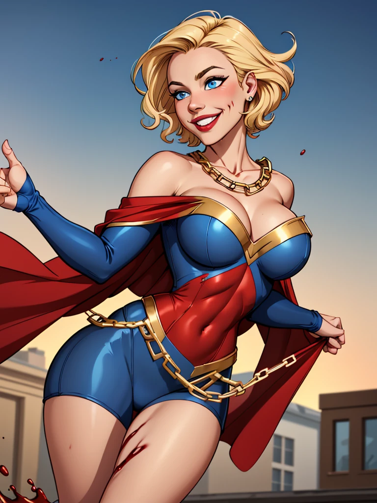 Young female, blonde with short hair, with big, bright blue eyes, wearing a blue costume, defined chest, wearing a golden shoulder pad in the shape of an eagle, with a golden chain running across his chest holding a red cape Smiling with blood splash on face and clothes Bad face, evil smile