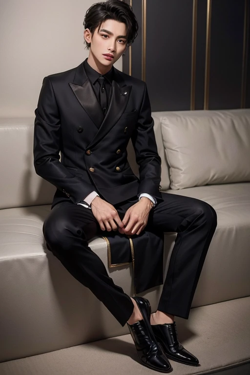 Just convert it to 2D、Dressed in a high-end double-breasted suit、The buttons are golden.、The shoes are also leather shoes that match the luxurious suit.、The background is a beautiful city