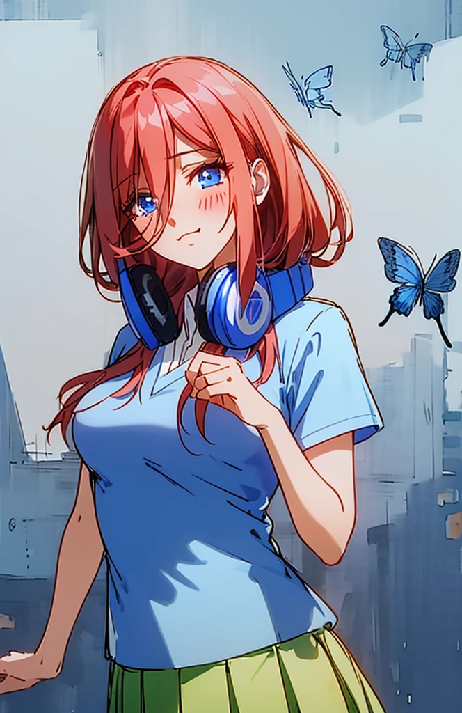 Wallpapers, poster, fruit, (several fresh cherries), moist, summer, blue sky, white clouds, HD Detail, Moist Watermark, Ultra Detail, Movie, Hyper Realism, Soft Light, Deep Focus Bokeh, Ray Tracing, --niji 5 Summer ( Watercolor ( Watercolor \ ( Medium \), Sketch, Iris: 1.2), butterflies, intricate details, sfw, full bust shot, eenage girl with pink red hair, one long strand of hair falling across her face, long strand of hair covering her nose, headphones down, hair in her headphones, skinny, asian facial traits, aamiku, Nakano Miku from The Quintessential Quintuplets, real life Miku Nakano, cowboy shot, straight hair, dark blue eyes, sparkling eyes, blue headphones around neck, light blue sweater, collared white shirt, green pleated skirt, , shy smile, blushing