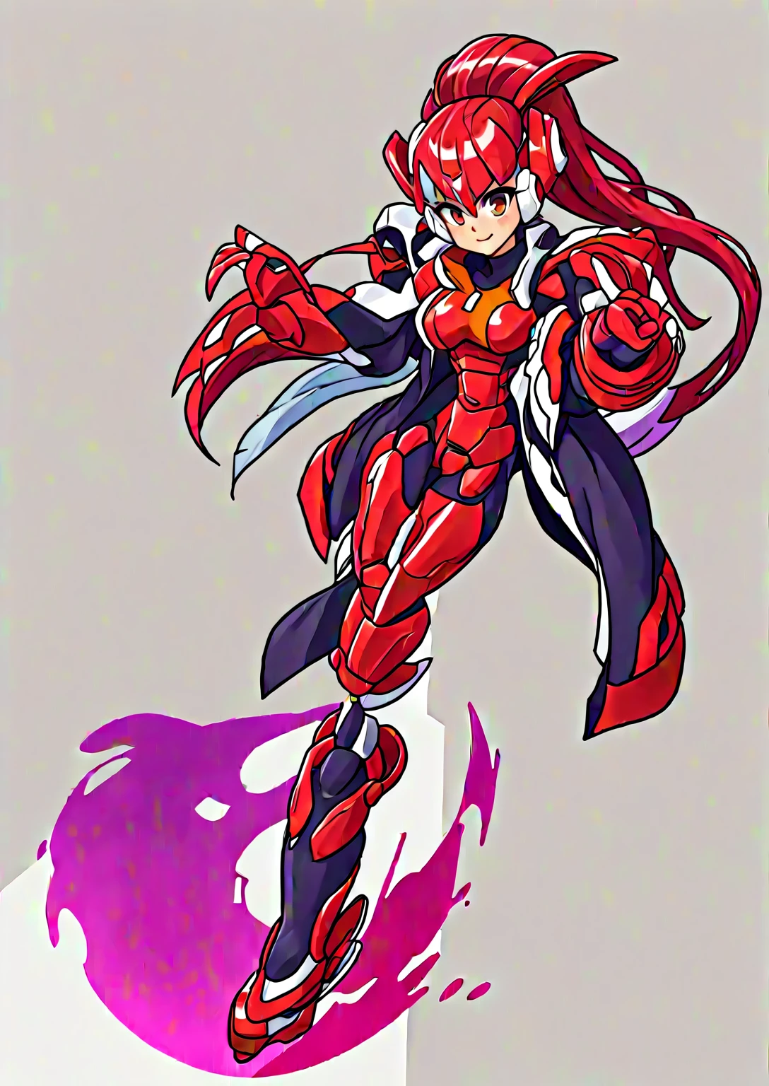 1in kinu-sensei artstyle, Kinu Nishimura style, muted pastel colors, full body, 1girl, long hair, mature female, tanned female, curvaceous figure, medium breasts, large hips, hourglass figure, solo, This image depicts a slender, humanoid character that is a reploid, a type of robot from the Mega Man X series. The character has a futuristic and stylized appearance, with a predominantly dark color scheme. The Reploid features a futuristic and functional design, incorporating a blend of traditional and utilitarian aesthetics. The character is depicted in a mechanical armor predominantly colored in vibrant purple, with contrasting red and white accents. The character has a loose hair with blunt bangs, giving a dynamic and lively feel. The pose is confident and energetic, with fists raised and a wide stance, suggesting readiness and enthusiasm. The art style is reminiscent of anime, with exaggerated features and vibrant colors, emphasizing the character's agility and youthfulness. **AI Art Prompts:** "Mega Man X reploid, slender humanoid robot, full-body mechanical armor in vibrant purple, red and white accents, long loose hair with blunt bangs, futuristic anime style, confident and energetic pose, sleek and modern look, exaggerated features, vibrant colors", featuring clean lines and detailed mechanical components, kinu-sensei artstyle,in kinu-sensei artstyle
