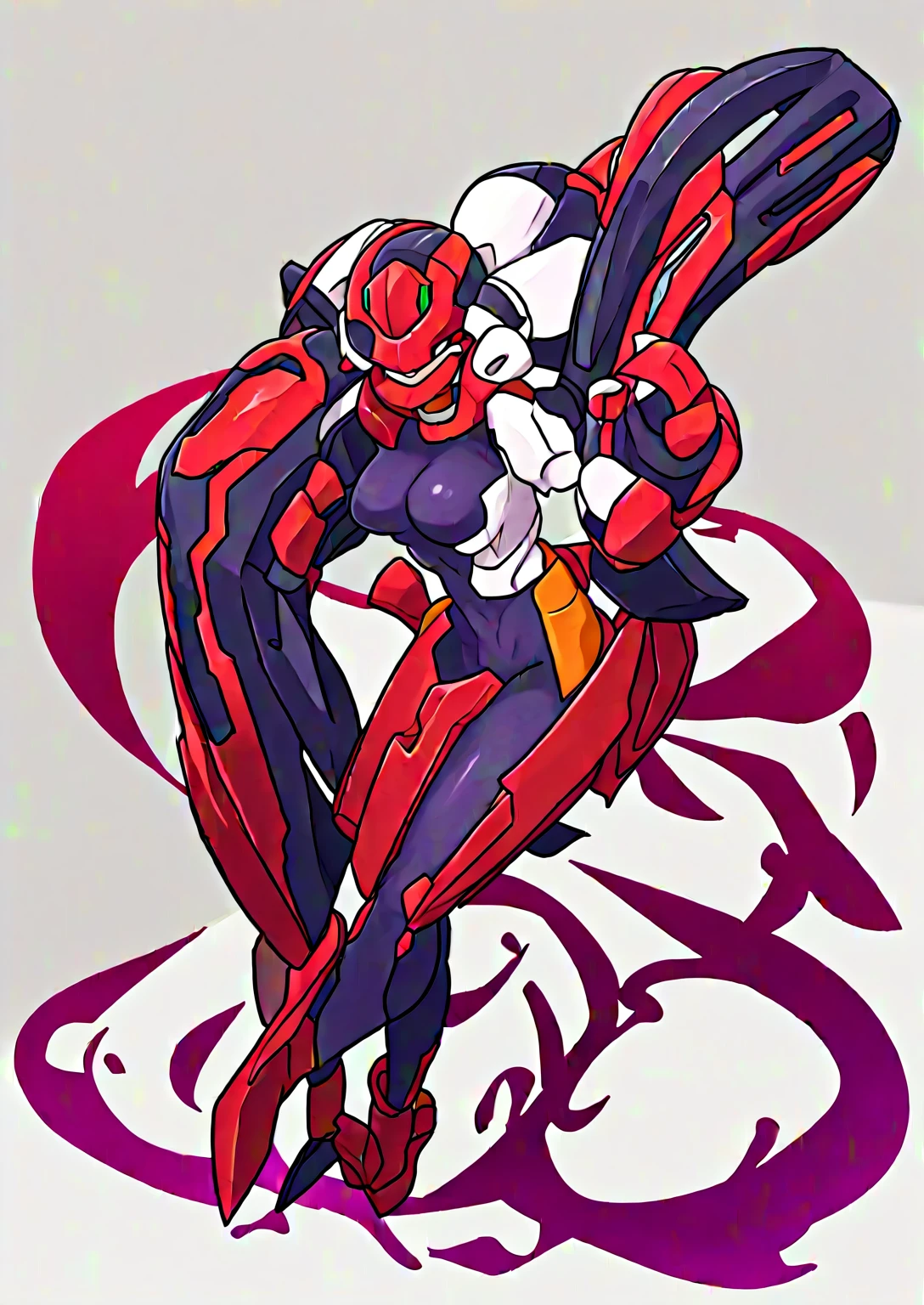 1in kinu-sensei artstyle, Kinu Nishimura style, muted pastel colors, full body, 1girl, long hair, mature female, tanned female, curvaceous figure, medium breasts, large hips, hourglass figure, solo, This image depicts a slender, humanoid character that is a reploid, a type of robot from the Mega Man X series. The character has a futuristic and stylized appearance, with a predominantly dark color scheme. The Reploid features a futuristic and functional design, incorporating a blend of traditional and utilitarian aesthetics. The character is depicted in a mechanical armor predominantly colored in vibrant purple, with contrasting red and white accents. The character has a loose hair with blunt bangs, giving a dynamic and lively feel. The pose is confident and energetic, with fists raised and a wide stance, suggesting readiness and enthusiasm. The art style is reminiscent of anime, with exaggerated features and vibrant colors, emphasizing the character's agility and youthfulness. **AI Art Prompts:** "Mega Man X reploid, slender humanoid robot, full-body mechanical armor in vibrant purple, red and white accents, long loose hair with blunt bangs, futuristic anime style, confident and energetic pose, sleek and modern look, exaggerated features, vibrant colors", featuring clean lines and detailed mechanical components, kinu-sensei artstyle,in kinu-sensei artstyle