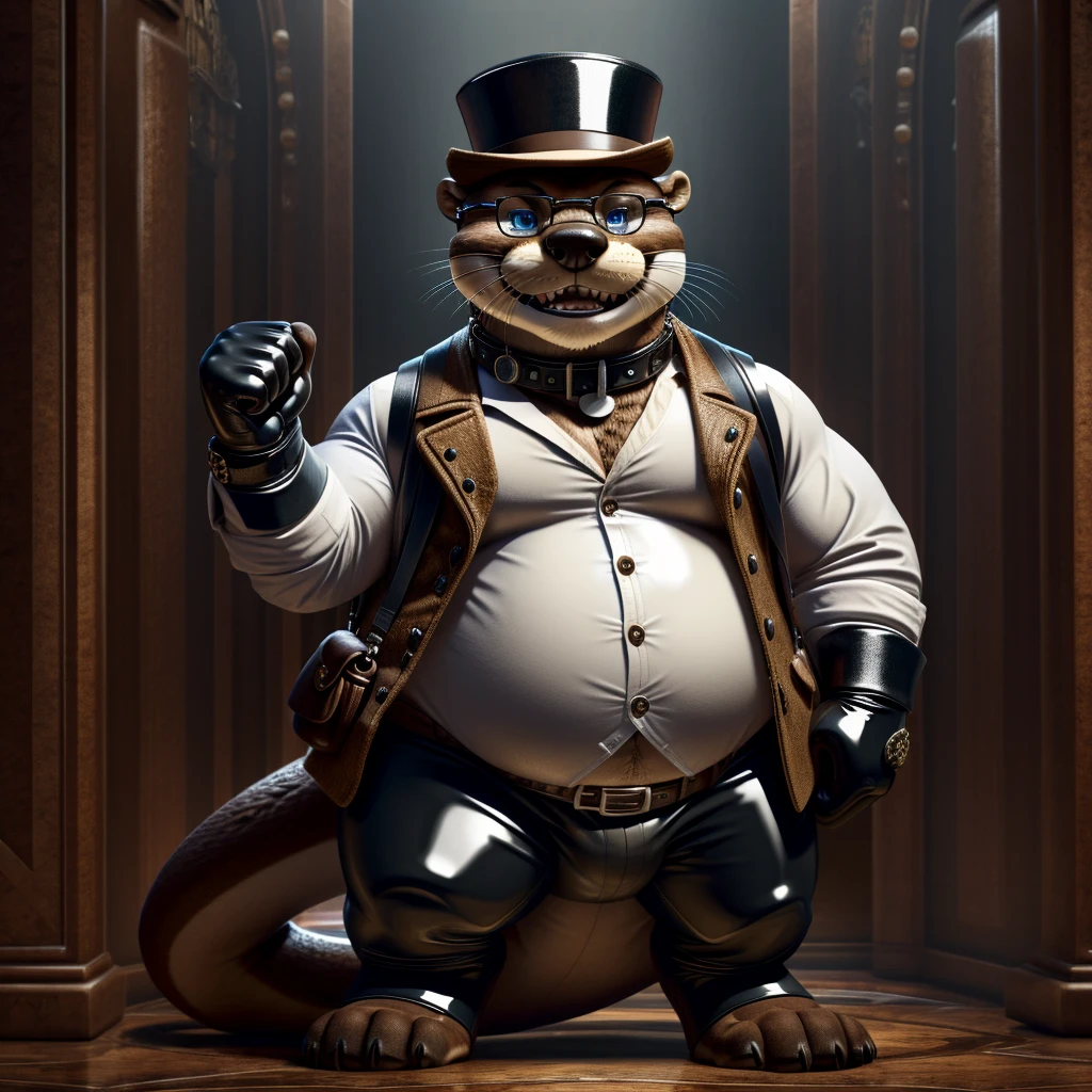 Solo, Male, fat, extremely obese, gentleman, dapper Professor Otter with a large penis and testicles, ejaculating extreme amounts of sperm from the penis, blue eyes, (posing:1.3), (soft shading), 4k, hi res, ((detailed face, detailed)), evil grin, steampunk, collared shirt with buttons, top hat, male focus, Explorer Outfit, glasses, monocle, vest with buttons, backpack, sleeves rolled up, round eyewear, brown headwear, brown vest, Otter is wearing a glossy leather dog collar around the neck, Otter is wearing the leather collar and shirt and vest at the same time, Otter is wearing glossy white rubber gloves on the hands, wearing white rubber gloves on the feet, Otter is wearing glossy white cuffs around the wrists with cufflinks, gloves are rubber in texture, clenching teeth, clenching fists, leather collar is glossy and shiny with a lot of detail, Otter is wearing gloves and cuffs and cufflinks at the same time, leather collar has a round dog-tag, leather collar is thick and detailed, sperm is sticky in texture. A Second Otter with the same attire, helping the fat Otter ejaculate sperm from his penis, Second Otter is rubbing the fat Otter's Penis, Second Otter is wearing glossy white rubber gloves on the hands and feet, Second Otter is wearing a glossy leather dog collar around the neck, second Otter is wearing the leather collar and vest and shirt at the same time.