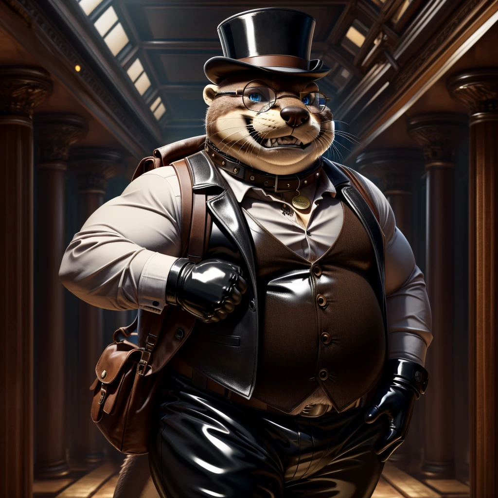 Solo, Male, fat, extremely obese, gentleman, dapper Professor Otter, blue eyes, (posing:1.3), (soft shading), 4k, hi res, ((detailed face, detailed)), looking at viewer, evil grin, steampunk, collared shirt with buttons, top hat, male focus, Explorer Outfit, glasses, monocle, bag, vest with buttons, backpack, sleeves rolled up, round eyewear, brown headwear, brown vest, Otter is wearing a glossy leather dog collar around the neck, Otter is wearing the leather collar and shirt and vest at the same time, Otter is wearing glossy white rubber gloves on the hands, wearing white rubber gloves on the feet, Otter is wearing glossy white cuffs around the wrists with cufflinks, gloves are rubber in texture, clenching teeth, clenching fists, leather collar is glossy and shiny with a lot of detail, Otter is wearing gloves and cuffs and cufflinks at the same time, leather collar has a round dog-tag, leather collar is thick and detailed.