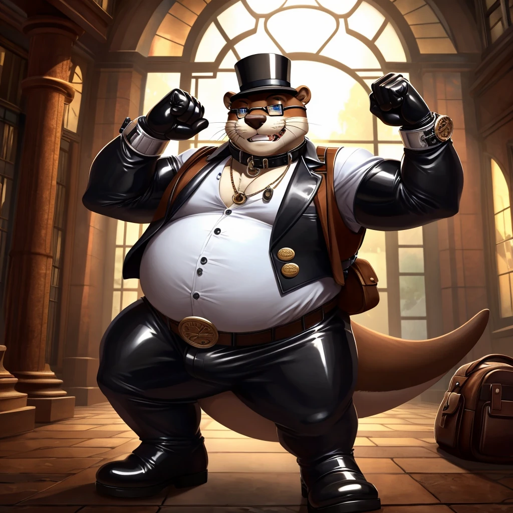 Solo, Male, fat, extremely obese, gentleman, dapper Professor Otter, blue eyes, (posing:1.3), (soft shading), 4k, hi res, ((detailed face, detailed)), looking at viewer, evil grin, steampunk, collared shirt with buttons, top hat, male focus, Explorer Outfit, glasses, monocle, bag, vest with buttons, backpack, sleeves rolled up, round eyewear, brown headwear, brown vest, Otter is wearing a glossy leather dog collar around the neck, Otter is wearing the leather collar and shirt and vest at the same time, Otter is wearing glossy white rubber gloves on the hands, wearing white rubber gloves on the feet, Otter is wearing glossy white cuffs around the wrists with cufflinks, gloves are rubber in texture, clenching teeth, clenching fists, leather collar is glossy and shiny with a lot of detail, Otter is wearing gloves and cuffs and cufflinks at the same time, leather collar has a round dog-tag, leather collar is thick and detailed.