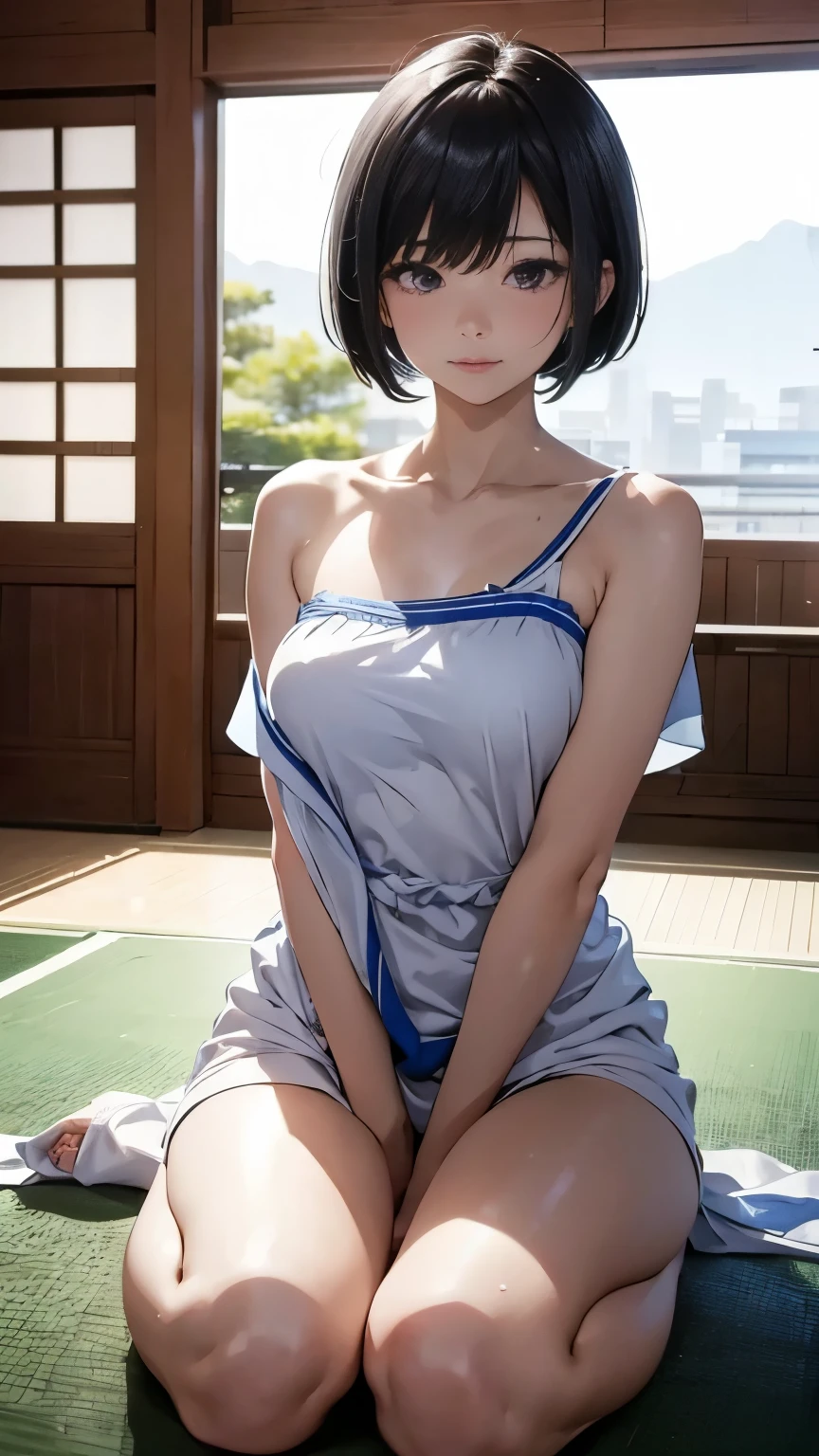 ((Best quality, 8K, masterpiece: 1.3)), A girl is suffering misfortune, Perfect body proportions: 1.3, (Short black hair: 1.2), Covered with a towel,平躺在Above ground哭泣: 1.1, Super delicate face, With eyes closed, Open mouth slightly,Blood on the body,barefoot,Full body image,indoor,Above ground,日式房屋indoor,High viewing angle,Long-distance overhead shooting