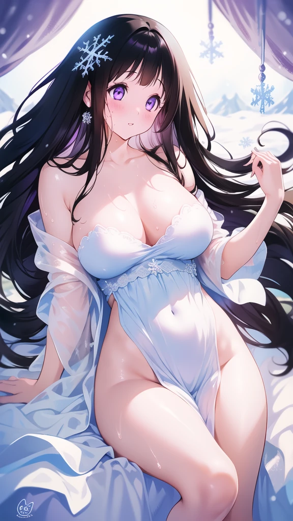 Chitanda,只有一个beautiful girl,Purple Eyes, Black Hair, Natural straight hair, Straight bangs,Extremely refined,open your lips,Face is so red,Very white skin,Skin as delicate as porcelain,Glowing skin,big eyes,Flowing long hair,beautiful girl, Like a dream,Slim,Slim waist,Soft, (Sensual), (Kawaii), Dream quality,Sweaty and sweaty,Wet skin,Side breasts,snowflake,Playing in the snow on the snow mountain,White transparent dress,Profile,(Completely naked),Gluteal groove,The outline of the breasts is visible through clothing,Completely naked的背部,nacked hip,very close,Deep V neckline,Loose neckline,Beautiful big breasts,No pants,nopan,no pants,Bare shoulders,There are no shoulder straps,Exposed collarbone,Delicate clavicle,Delicate hands and feet,Bare neck,There are no clothes around the neck,Bare thighs,Exposed groin,Camel toe,extremely shy,Ultra-high resolution, (masterpiece:1.2, best quality), (Delicate and beautiful eyes: 1.2), (Beautiful and delicate face)