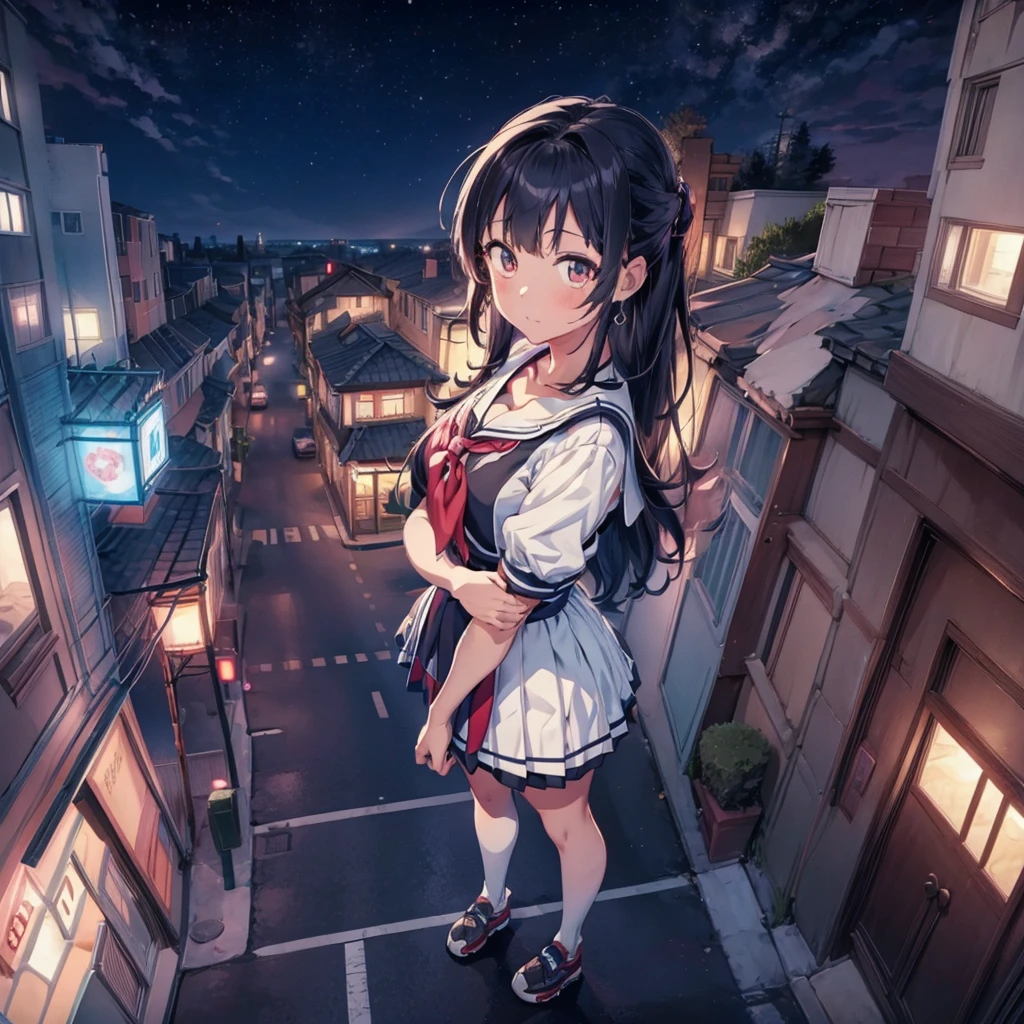 ((Top view))　((giant girl))　((giantess))　((Tall Girl))　Sky background animation, A beautiful and harmonious scene, Exquisite animations, Rich details, high quality, Vivid 4K, Artistic 4k wallpapers, Amazing anime scenery　masterpiece　Unreal Engine　Anime Style　Delicate painting　4K　90's　giant　Multiple Girls　crowd　Residential Street 　Japanese house　　　Giant  standing on the road　school uniform　Sailor suit　skirt　Black Hair　　smile　female giant giant girl Whole body 　 cars Crowd Unreal Engine,cleavage ,a drawing of a , earrings, long hair, 1980s (style) Cute picture　Beauty　Analog style　whole body　sneakers　