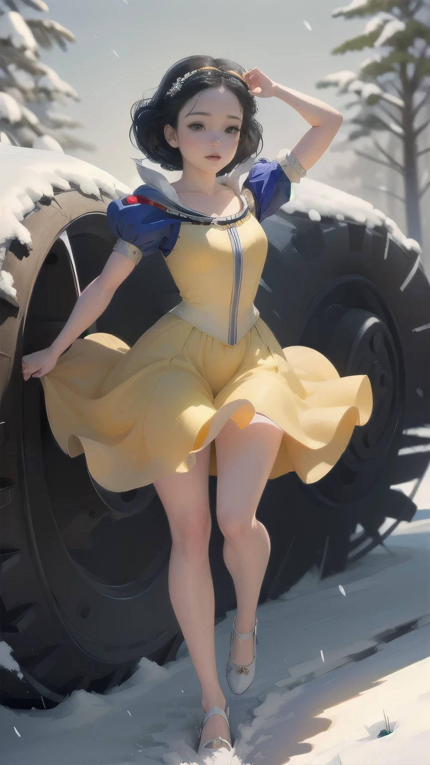 ((1 girl)), work of art, (high qualiy, better rendering), (beautiful girl, snow white), (pump, pin-up style), Panas, dental floss, perfectbody, araffed snow white in a yellow dress with a red bow, sexy snow white, portrait of snow white, pale snow white skin, 4k hd. snow white hair, disney's princess, beautiful female princess, Anime princess, high definition art, offcial art, disney cartoon, beautiful princess, forrest background, Slim long legs, breasts big, pose sexy, swirly vibrant colors