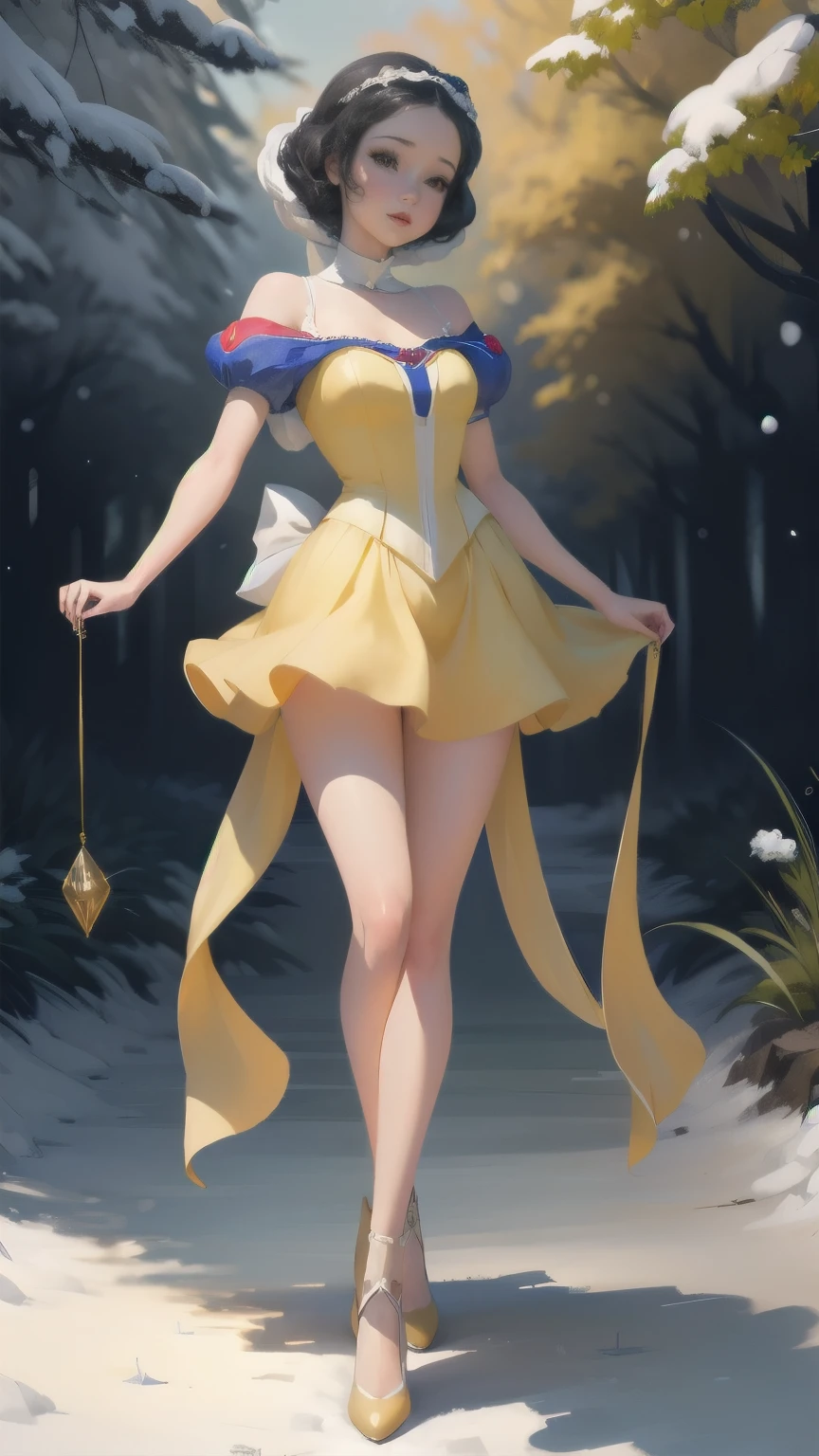 ((1 girl)), work of art, (high qualiy, better rendering), (beautiful girl, snow white), (pump, pin-up style), Panas, dental floss, perfectbody, araffed snow white in a yellow dress with a red bow, sexy snow white, portrait of snow white, pale snow white skin, 4k hd. snow white hair, disney's princess, beautiful female princess, Anime princess, high definition art, offcial art, disney cartoon, beautiful princess, forrest background, Slim long legs, breasts big, pose sexy, swirly vibrant colors