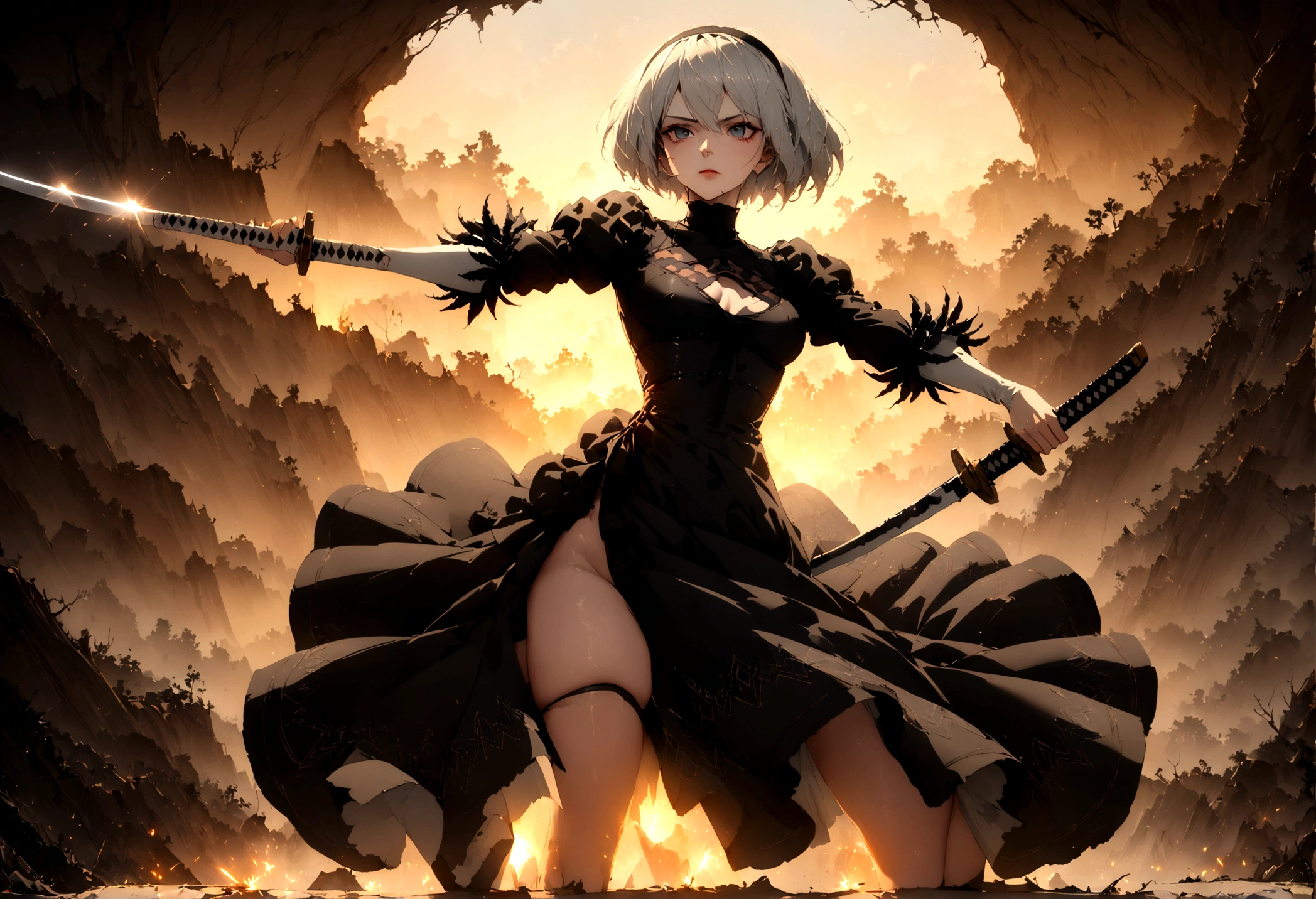 2b,(work of art), ultra detaild, fully body, soft hair, black gown, neckleace, Action, battle pose, standing with legs open, katana, wall-paper, destroyed forest background, SUNSET, smoke in the sky, sparks, serious facial expression, ideal female body, adult, opaque color palette, 真实感, ( realistic styling), perfect hands and arms, holding tightly to your sword, Looking at the sky 