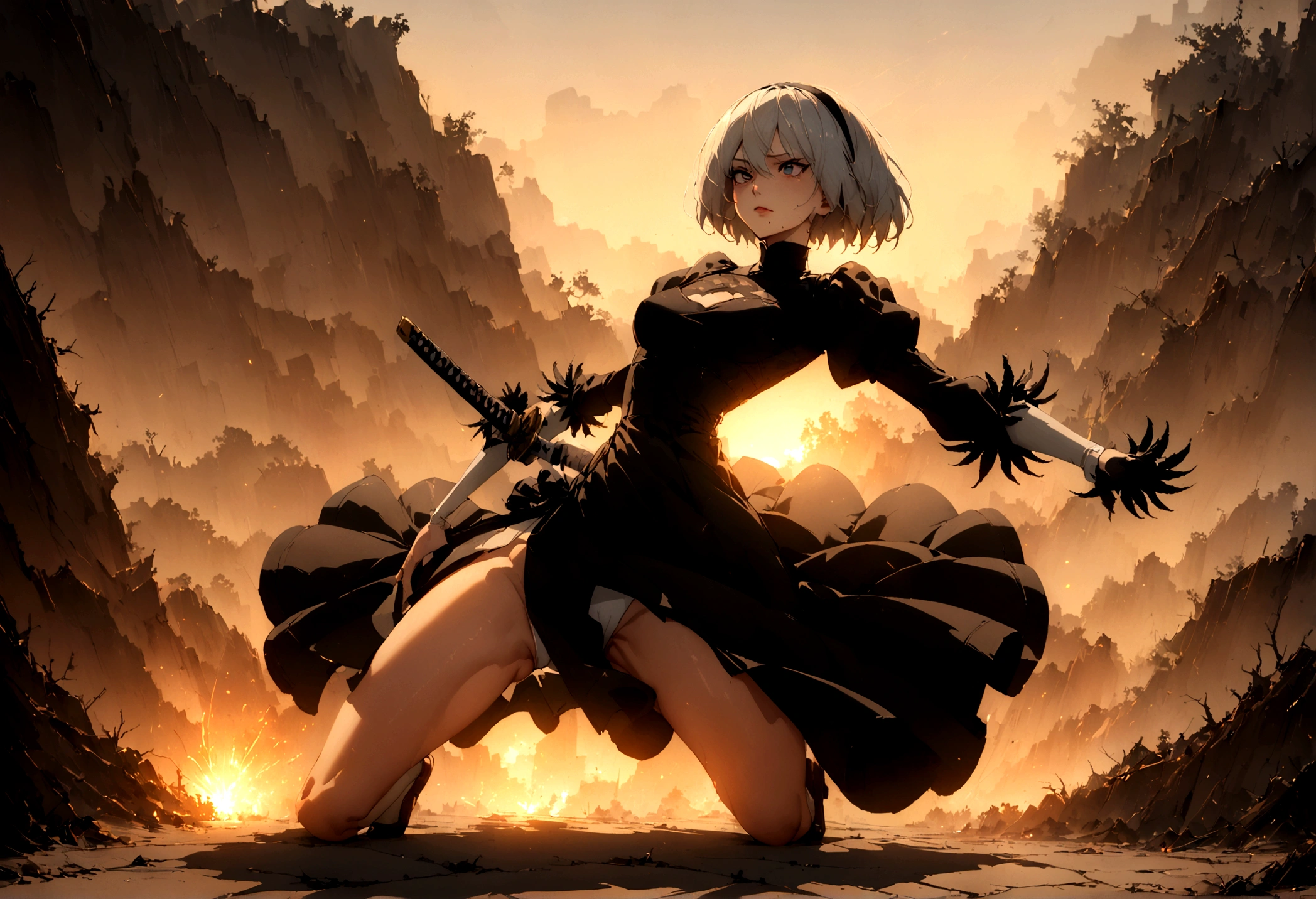 2b,(work of art), ultra detaild, fully body, soft hair, black gown, neckleace, Action, battle pose, standing with legs open, katana, wall-paper, destroyed forest background, SUNSET, smoke in the sky, sparks, serious facial expression, ideal female body, adult, opaque color palette, 真实感, ( realistic styling), perfect hands and arms, holding tightly to your sword, Looking at the sky 