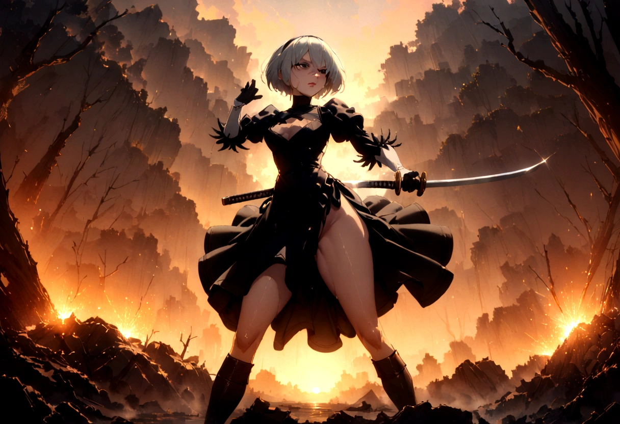 2b,(work of art), ultra detaild, fully body, soft hair, black gown, neckleace, Action, battle pose, standing with legs open, katana, wall-paper, destroyed forest background, SUNSET, smoke in the sky, sparks, serious facial expression, ideal female body, adult, opaque color palette, 真实感, ( realistic styling), perfect hands and arms, holding tightly to your sword, Looking at the sky 