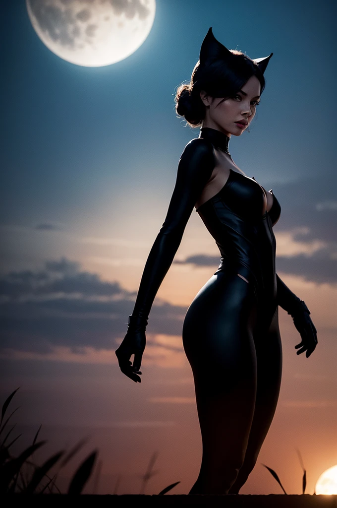 Silhouette of a catwoman in moonlight