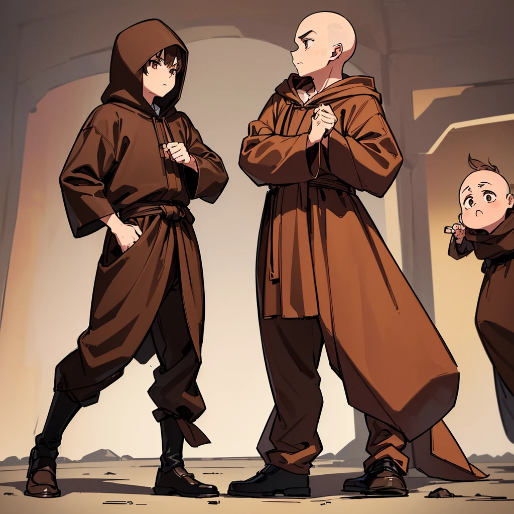 (Full body character concept)、((((behindから、behind姿、behind))))、(((Wear a brown hood)))、(((Long sleeve、Brown robes、pants、Black shoes)))、Best illustrations、Best Quality、(23 years old)、Medieval Fantasy、Fighting stance、(White background)、(No hair、bald、Skinhead)