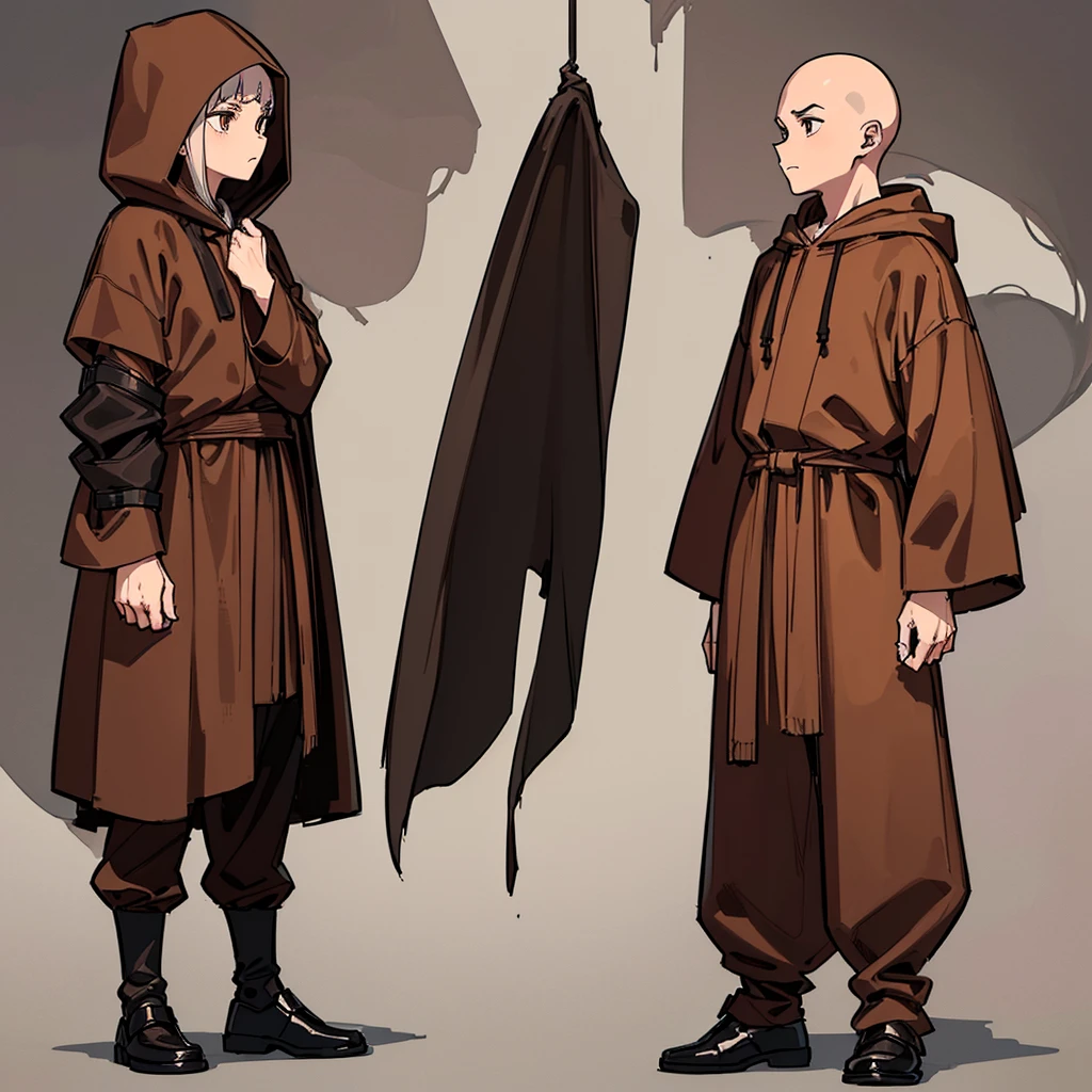 (Full body character concept)、((((behindから、behind姿、behind))))、(((Wear a brown hood)))、(((Long sleeve、Brown robes、pants、Black shoes)))、Best illustrations、Best Quality、(23 years old)、Medieval Fantasy、Fighting stance、(White background)、(No hair、bald、Skinhead)