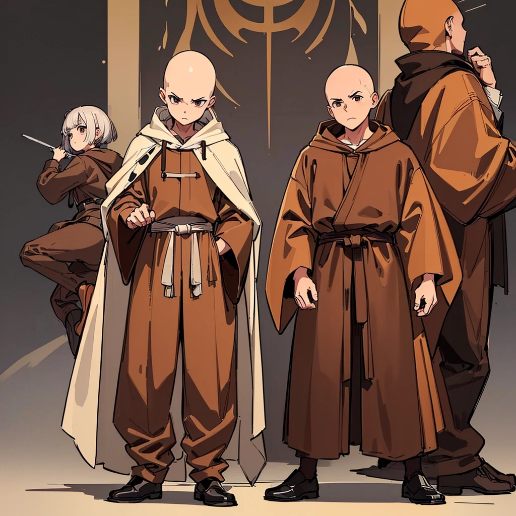(Full body character concept)、((((behindから、behind姿、behind))))、(((Wear a brown hood)))、(((Long sleeve、Brown robes、pants、Black shoes)))、Best illustrations、Best Quality、(23 years old)、Medieval Fantasy、Fighting stance、(White background)、(No hair、bald、Skinhead)