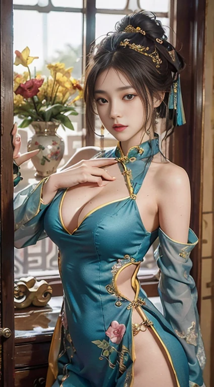 (From outside) (shiny skins), many colors,The best quality at the best.,Masterpiece,realistic photography,complicated details,RAW Photographer,cut,Gorgeous cheongsam in many colorss,extra wide fur,cropped shoulders,delicate face,expose cleavage,Decorations,Stand by the window,and cheongsam,cord,Undress,Decorations,exposing thighs,closeup from the front,looking to the camera