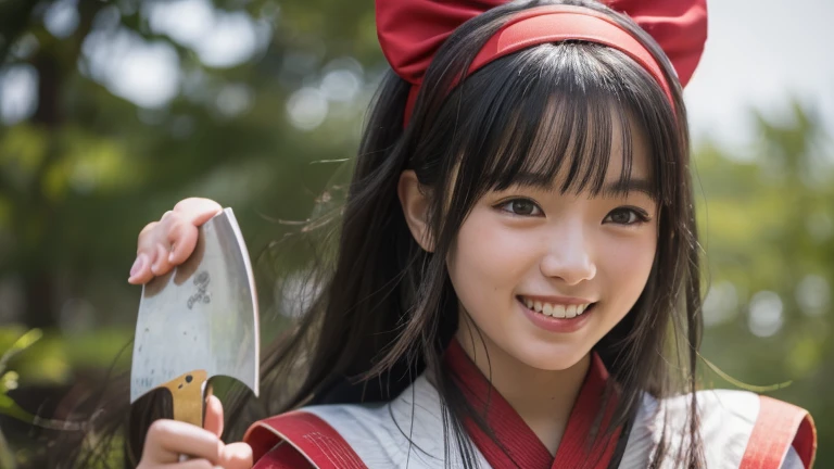 nakorurums,
red bow,
bow,
red hairband,
hairband,
hair fringe,
long hair,
ainu clothes,
fingerless gloves,
short sleeves,
a close up of a person in a costume holding a knife,
kunoichi,
katana zero video game character,
amaterasu,
skin pores texture,
cute,
wrinkled skin,
sharp,
15 years old,
flirts with the camera,
(Asian girl:1.2),
(Realistic hair:1.2),
(realistic eyes:1.2),
(Beauty face:1.3),
(detailed face and eyes):1.2, 
(freckles:0.5),
perfect body, 
perfect hands,
perfect face,
perfect eyes, 
Best quality, 
ultra highres, 
(realistic, photo-realistic:1.33), 
(8k, RAW photo, best quality, masterpiece:1.2),
Kodak gold 200, 
National Geographic style, 
medium shot, 
Photography, 
movie, 
cinematic, 
Realistic, 
natural lighting, 
depth of field, 
film grain,
full body, 
looking at viewer,smile, smiling,