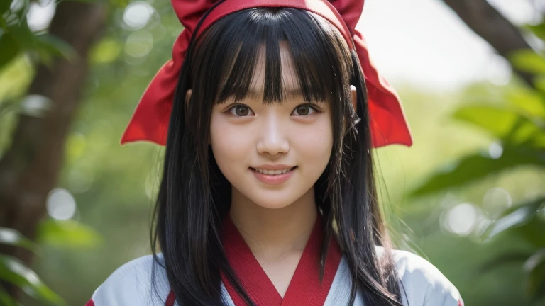 nakorurums,
red bow,
bow,
red hairband,
hairband,
hair fringe,
long hair,
ainu clothes,
fingerless gloves,
short sleeves,
a close up of a person in a costume holding a knife,
kunoichi,
katana zero video game character,
amaterasu,
skin pores texture,
cute,
wrinkled skin,
sharp,
15 years old,
flirts with the camera,
(Asian girl:1.2),
(Realistic hair:1.2),
(realistic eyes:1.2),
(Beauty face:1.3),
(detailed face and eyes):1.2, 
(freckles:0.5),
perfect body, 
perfect hands,
perfect face,
perfect eyes, 
Best quality, 
ultra highres, 
(realistic, photo-realistic:1.33), 
(8k, RAW photo, best quality, masterpiece:1.2),
Kodak gold 200, 
National Geographic style, 
medium shot, 
Photography, 
movie, 
cinematic, 
Realistic, 
natural lighting, 
depth of field, 
film grain,
full body, 
looking at viewer,smile, smiling,