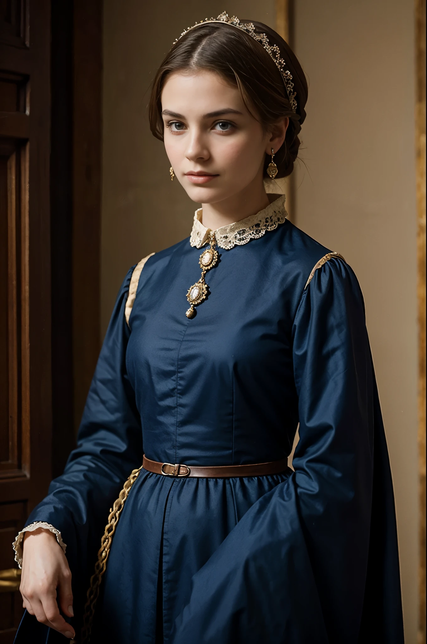 Front view, looking at viewer, 16 century, Medieval British women&#39;s clothing, English girl, 18 age old, ((Blond hair:1.3), short ponytail , wince,  (Blue eyes:1.3), beautiful lip,  serious), gold crescent earrings, gold neckless, (big breasts, slender whist, wide hip)(Net seater, green kilt Gather skirt ,  textured skin , HI detailed skin, (foreshortening, Canon, 8k, anatomically correct,  super detail, high details, highness, 