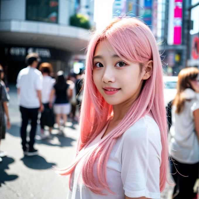 (Seductively Posing :1.3),(Pink Hair :1.3),An unforgettable smile,Floating Hair, Flowing Hair, Pink Hair, Long Hair,ピンク iris, Two-tone hair, Beautiful fine hair, Exquisite and beautiful face,, Clear Eyes, Soft lips, iris, Ultra Wide Angle,Full Body Shot, 最high quality、masterpiece、超High resolution、(Realistic:1.4)、Very detailed CG Unity 8k 壁紙、Detailed and complex、original、High resolution、RAW Photos、(Perfect figure)、Detailed and complex,、Digital SLR、Soft lighting、high quality、Film Grain、Written boundary depth、Leica Camera、50mm lens、Backlight、High resolution、Ultra-realistic、Color Grade、Dynamic pose、Portraiture、Japanese、prohibit、(Crowded akihabara:1.2)、Front Viewer、Natural soft light、With a girl、20-year-old、Lesbians all over the world、alone、 student、University、uniform、shirt、Bobby Socks、Checkered Pleated Skirt、Daytime、in street、Deep Shadow、cute、beauty、Inconspicuous、Cold Light 12000K \\ street、Store status、akihabara、Shinjuku、Shibuya Ward、Ikebukuro、Detailed and realistic、Skin Texture、Very detailed、リアルなSkin Texture、(dramatic、Award-winning photo、信じられないほどのmasterpiece:1.3)