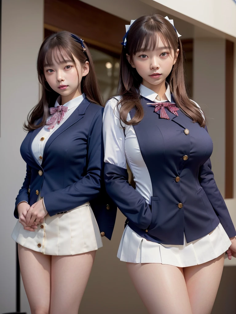 Highest quality、masterpiece、、Very detailed、Realistic、(Two Girls)、(Looking at me with a smile)、whole body、Small face、Narrow shoulders、(Big Breasts:1.4)、Thin and beautiful legs、Tight and slim waist、 uniform、(Navy blue blazer jacket)、(White shirt with buttons and collar:1.2)、(Navy blue mini skirt:1.1)、(Red bow tie)、(Leaning forward:1.6)、Erect nipples