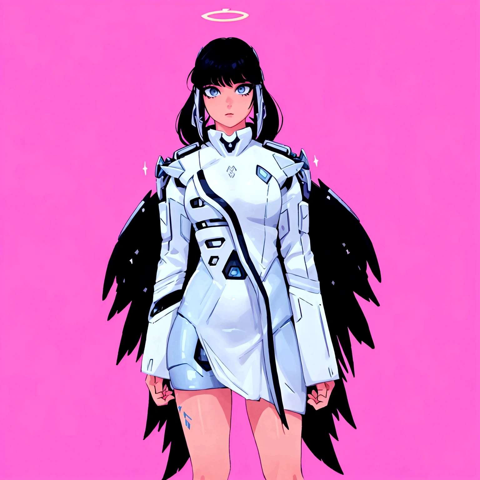 arafed image of a woman in a silver outfit with wings, beautiful cyborg angel girl, inspired by Sim Sa-jeong, full - body majestic angel, tron angel, futuristic robot angel, angel knight girl, valkyrie style character, angel knight gothic girl, jet black haired cyberpunk girl, as a mystical valkyrie, wearing futuristic clothing, wearing angel, cyberpunk femme fatale