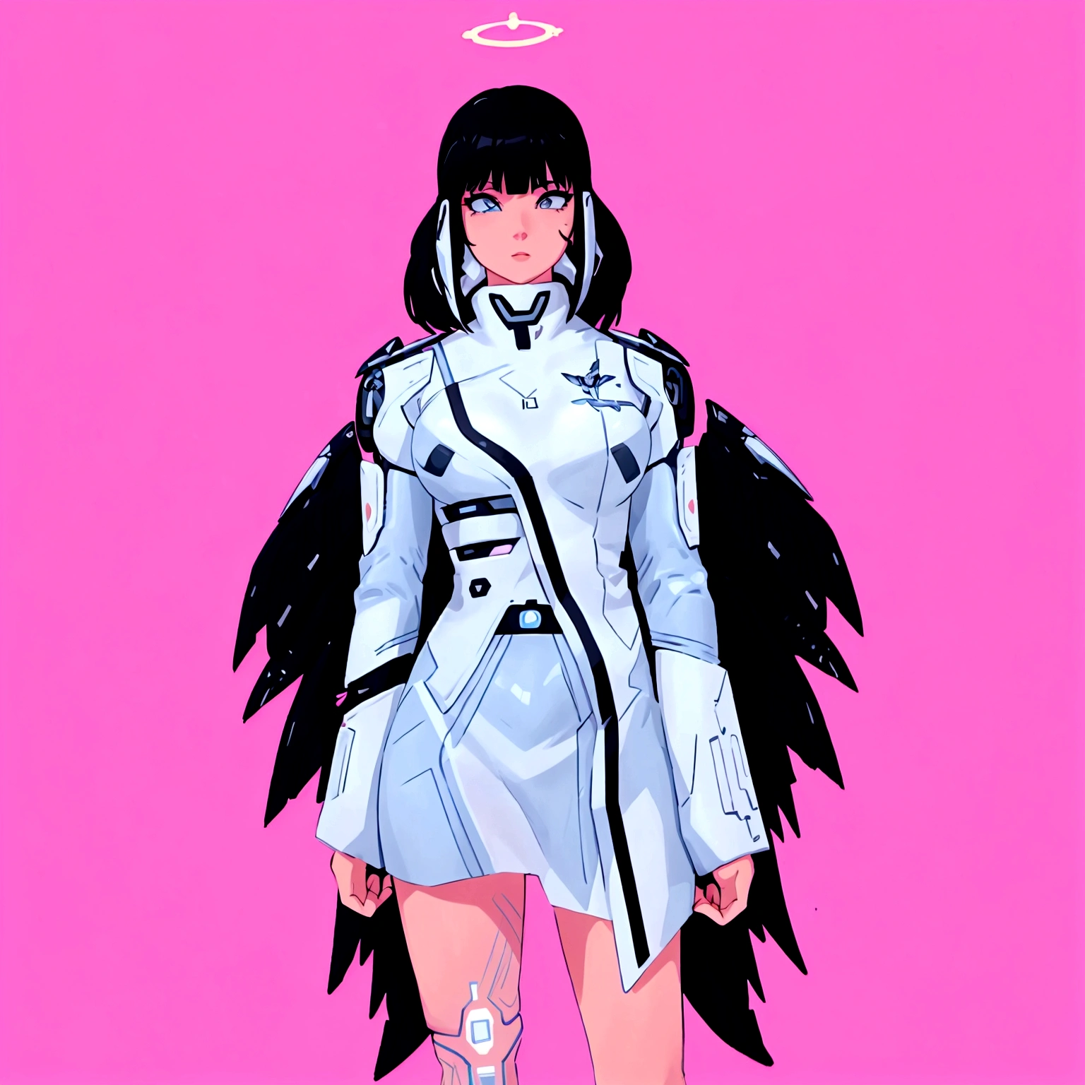 arafed image of a woman in a silver outfit with wings, beautiful cyborg angel girl, inspired by Sim Sa-jeong, full - body majestic angel, tron angel, futuristic robot angel, angel knight girl, valkyrie style character, angel knight gothic girl, jet black haired cyberpunk girl, as a mystical valkyrie, wearing futuristic clothing, wearing angel, cyberpunk femme fatale