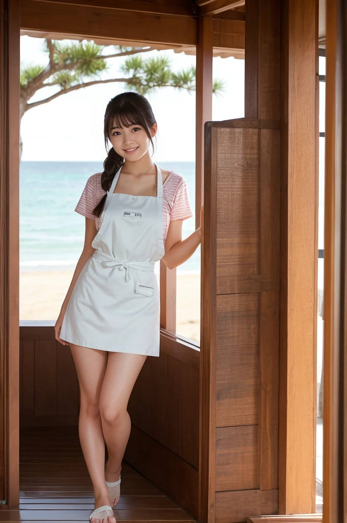 Pretty 21 year old woman(Japanese face)Wearing an apron and a miniskirt、Being at the beach house