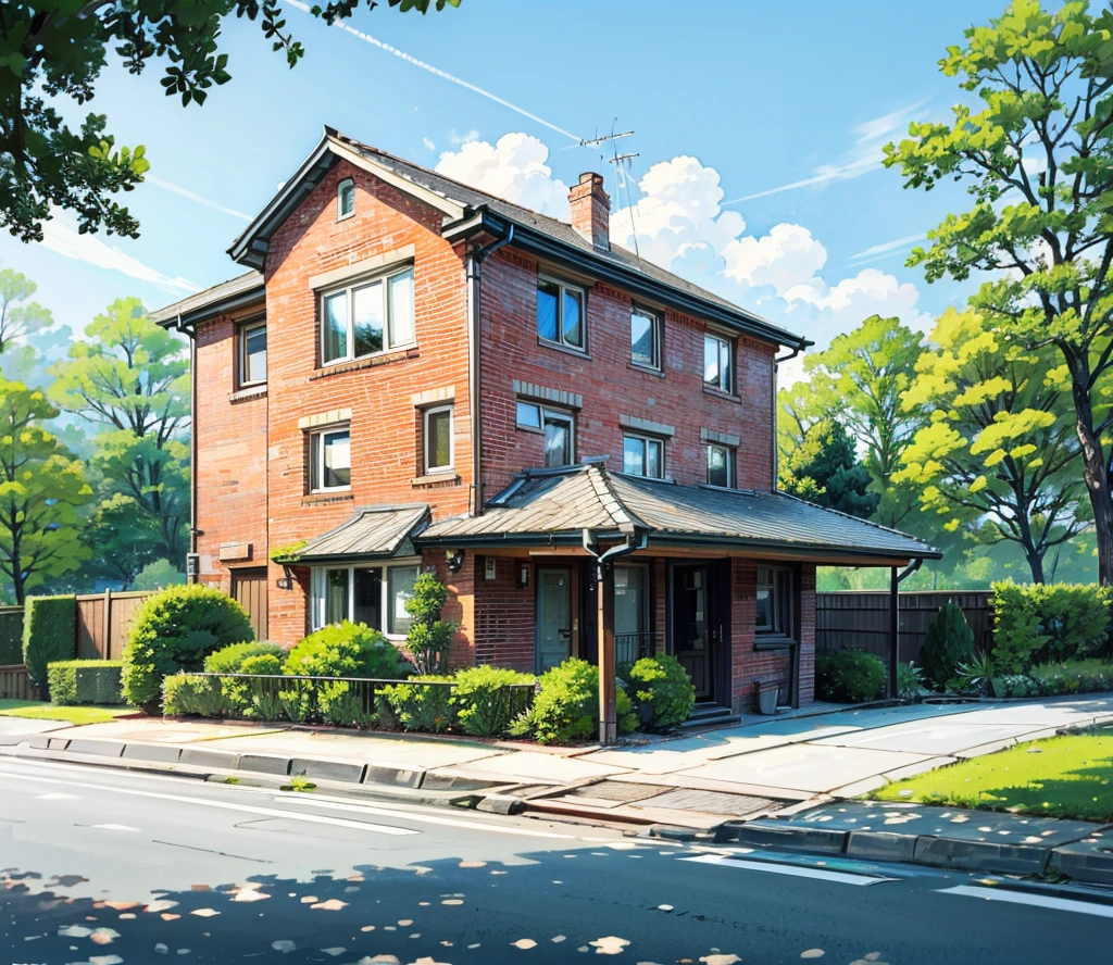 Picture of an English style house in a residential are surrounded by nature, the house has a small parking space. There are stairs in front of the house. The house has only one storey with large windows. Parking space, separate garage. Car in front of the garage, the view is from across the street.