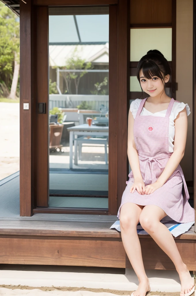 Pretty 21 year old woman(Japanese face)Wearing an apron and a miniskirt、Being at the beach house